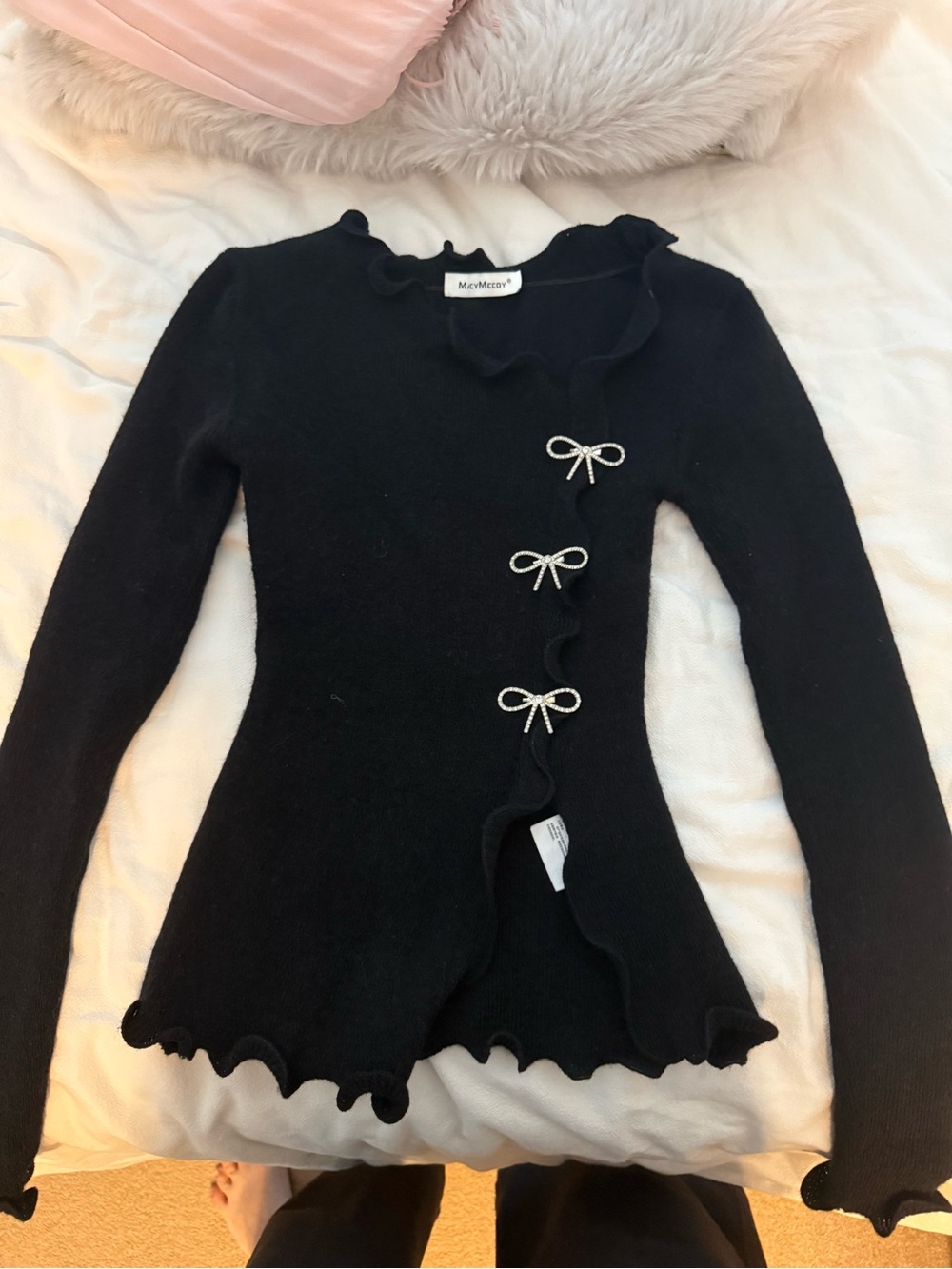 MOS MOSH Black Ruffle Trim Bow-Accent Cardigan Sweater